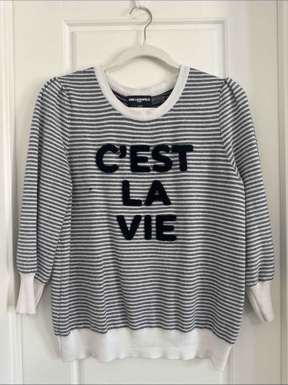 Karl Lagerfeld Paris C'est La Vie Striped Knit Crewneck Sweater Puff M